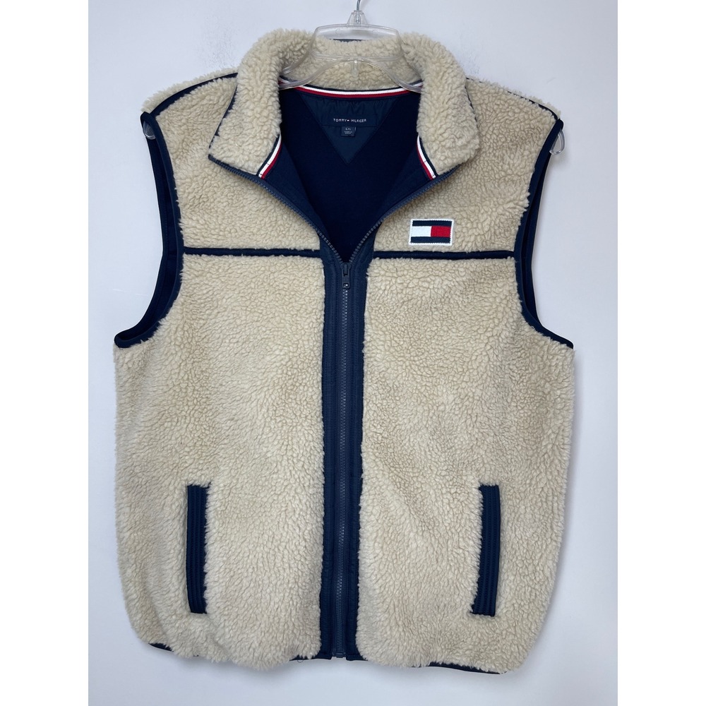 Tommy Hilfiger Mens Expedition Sherpa Deep Pile Fleece Vest Cream Navy Sz Large
